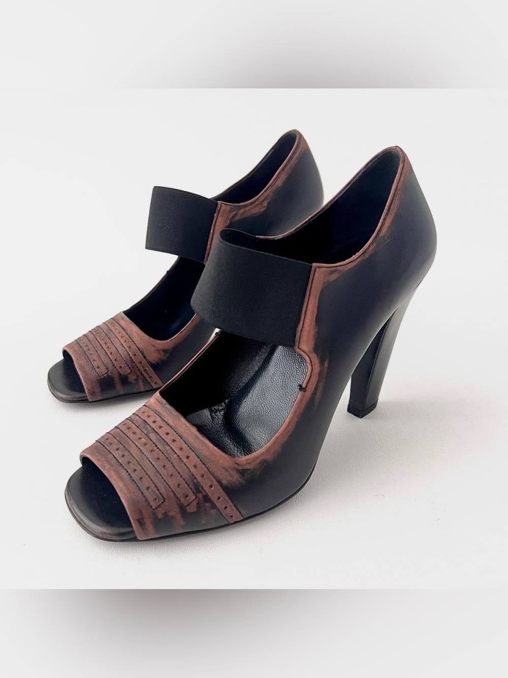 PRADA | Ombre Leather Peep Toe Heeled Sandals Black Brown EU 37.5
